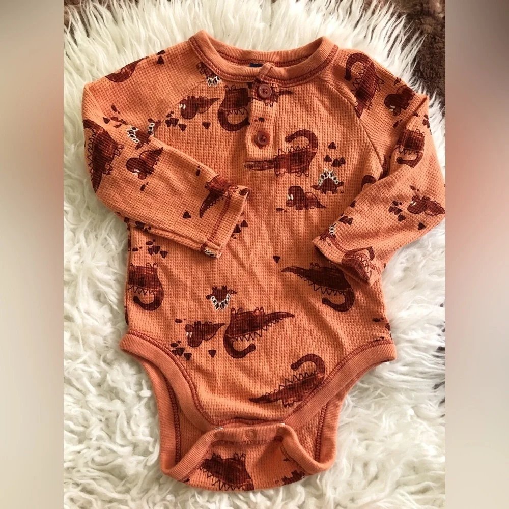Old Navy Rusty Orange Two Piece Red Dinosaur Print Onesie and Pants 6-12 M